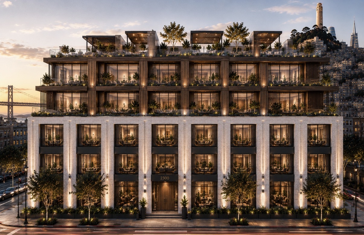 The Otis adaptive reuse residential development in San Francisco’s North Waterfront at dusk
